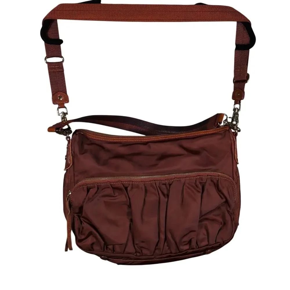 MZ Wallace Nylon Leather Messenger Shoulder Bag Satchel Burgundy with Zip Pouch